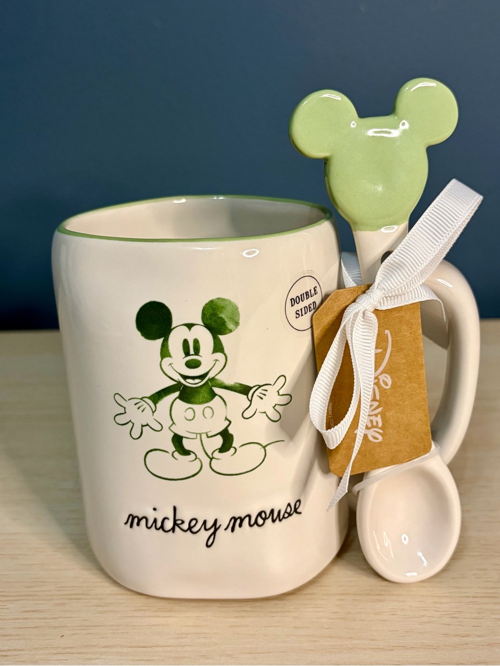 Disney x Rae Dunn Mickey Mouse Green Ceramic Mug with Spoon - Double Sided